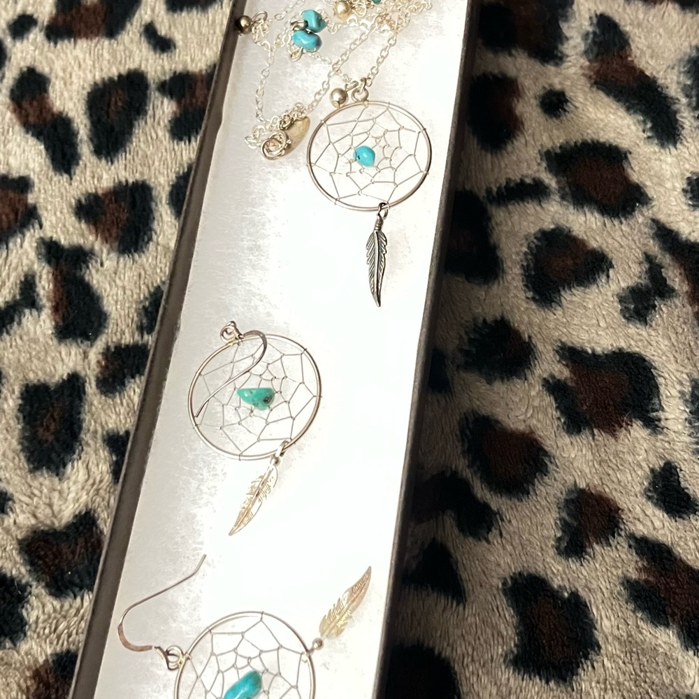 Silver Dreamcatcher Jewelry Set with Turquoise Accents earrings and necklace